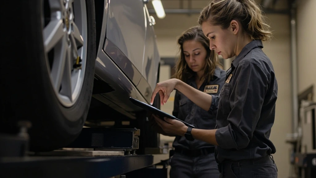 Two alignment technicians working a Hunter alignment rack in a Tire Town bay.