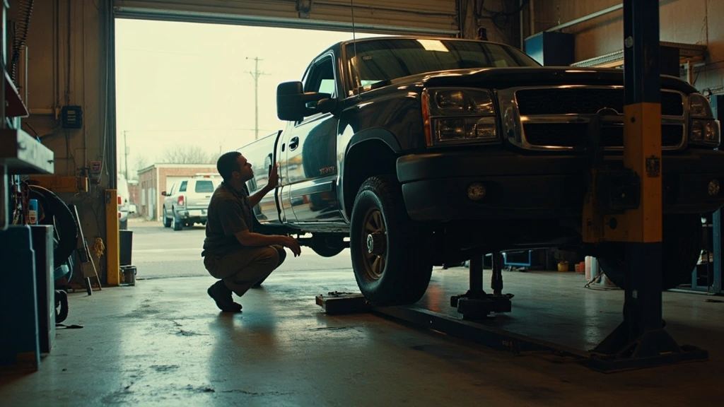 Tire Town Team technician mounting a tire on a lifted pickup in a working service bay.