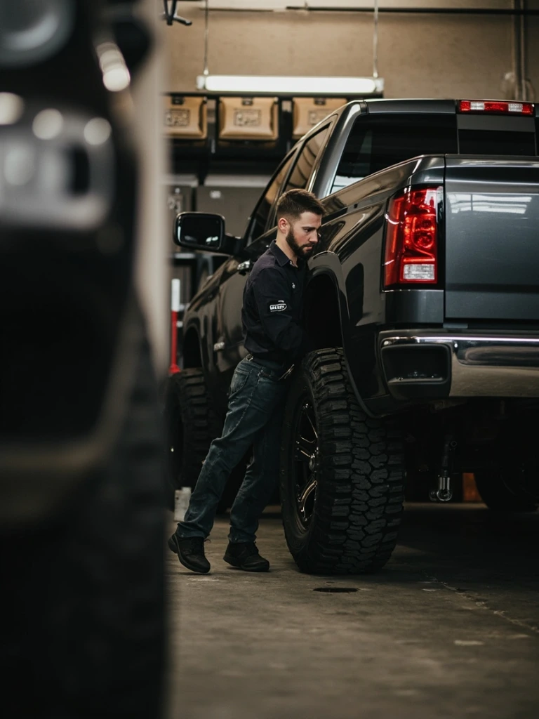 ASE-certified technician mounting a tire on a pickup in a Tire Town Team service bay